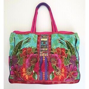Laurel Burch Lg Canvas Bright Flora Weekender Travel Tote 19X6X15 Beaded Tassels